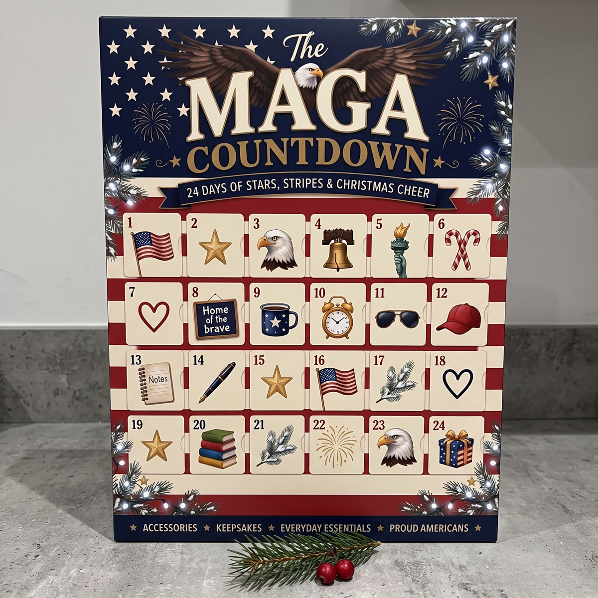 The calendar standing on a kitchen counter